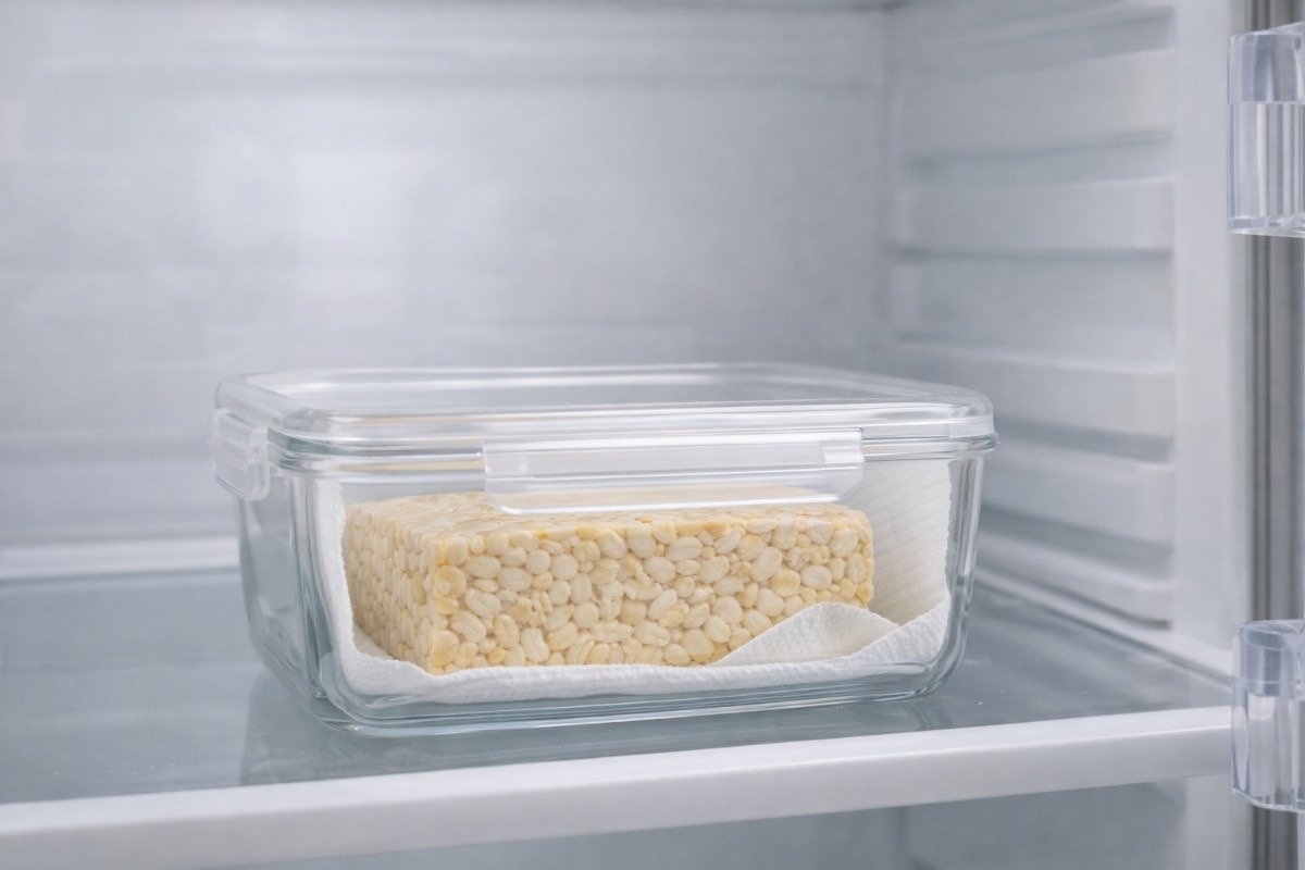 How to store fresh tempeh in the refrigerator using an airtight glass container lined with paper to control moisture.