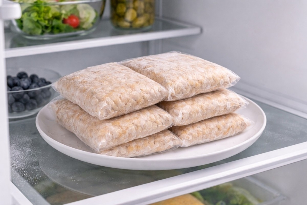 How to store fresh tempeh by thawing frozen portions on a plate in the refrigerator to keep texture intact.