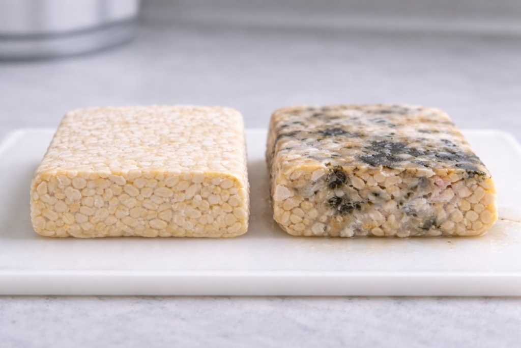 How to store fresh tempeh by comparing clean white tempeh with moldy spoiled tempeh to identify freshness.
