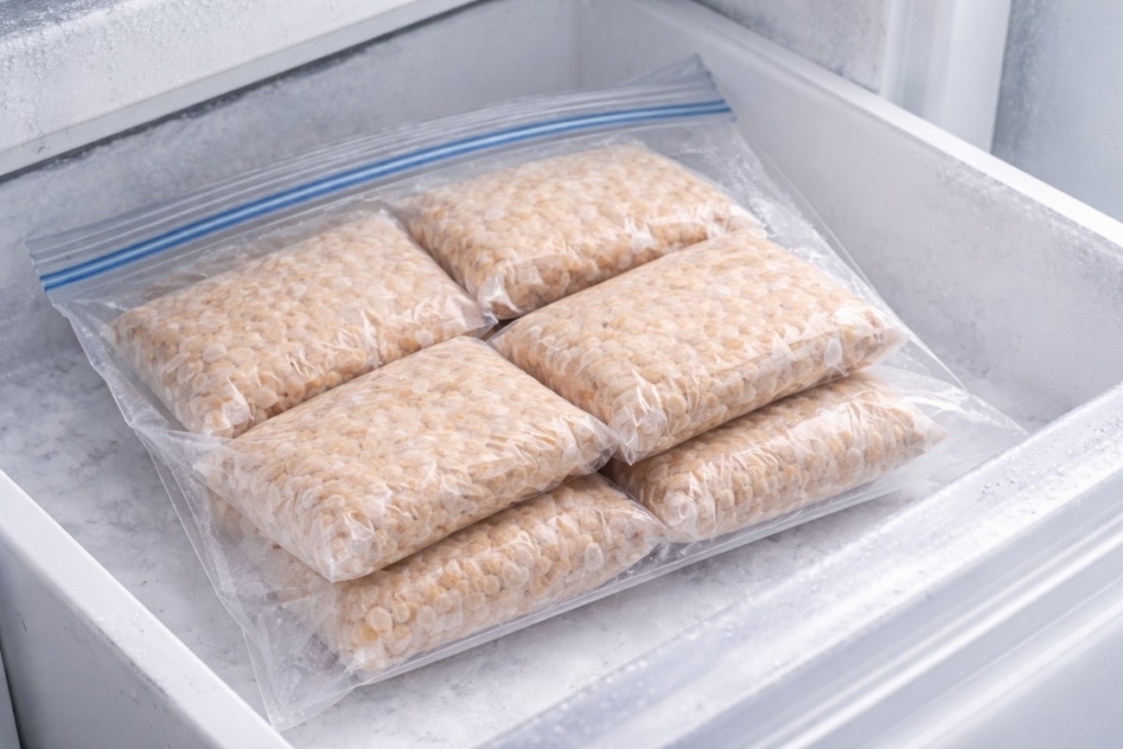 How to store fresh tempeh in freezer using airtight freezer-safe bag, neatly portioned and protected from frost.