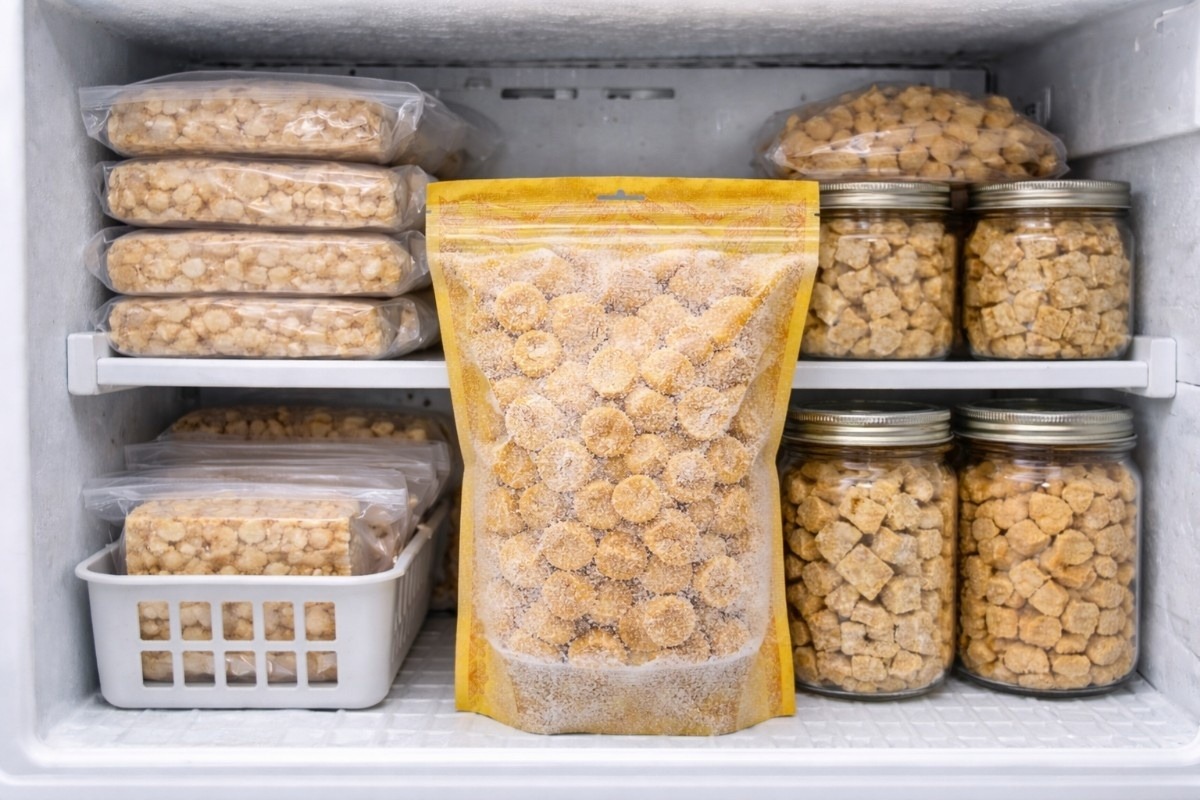 Organized freezer with tempeh blocks and chips in bags and jars, showing can you freeze fresh tempeh for long-term storage.