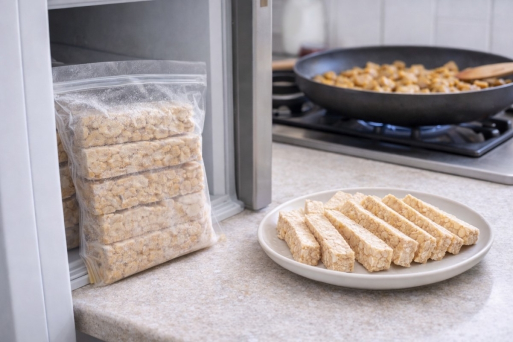 Frozen tempeh blocks removed from freezer and sliced for cooking, showing can you freeze fresh tempeh without losing texture.