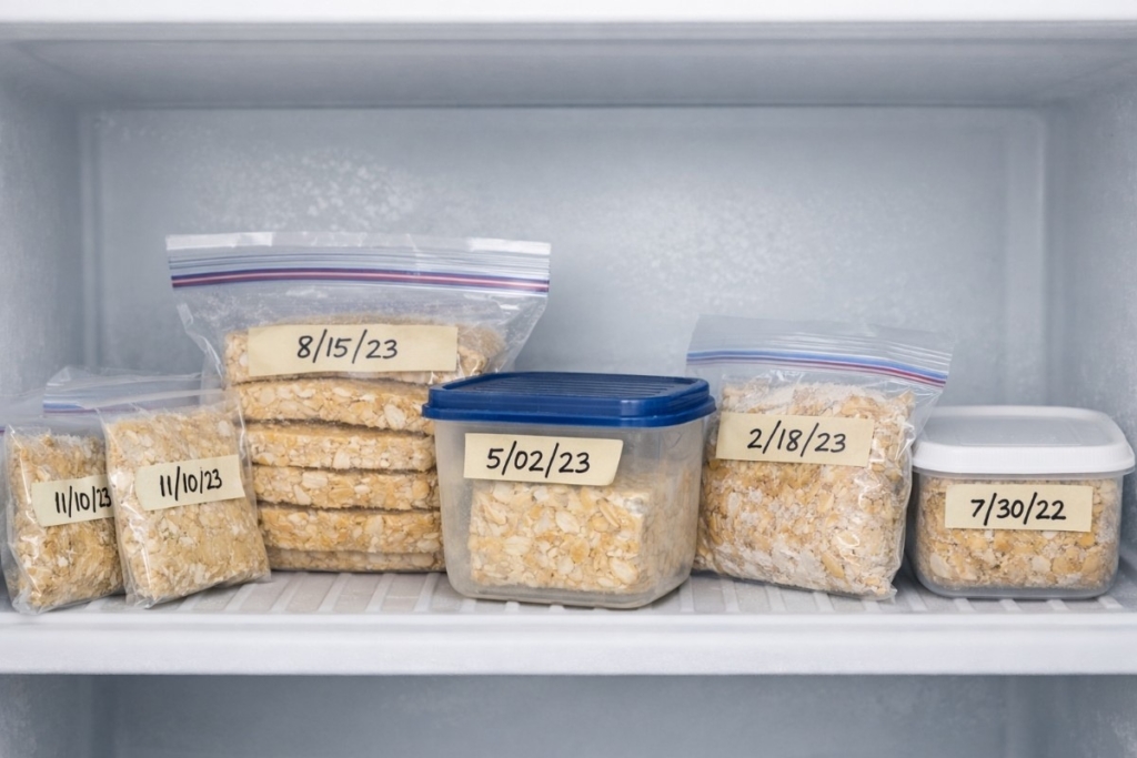 Freezer shelf with dated tempeh blocks in bags and containers, answering can you freeze fresh tempeh for long-term storage.