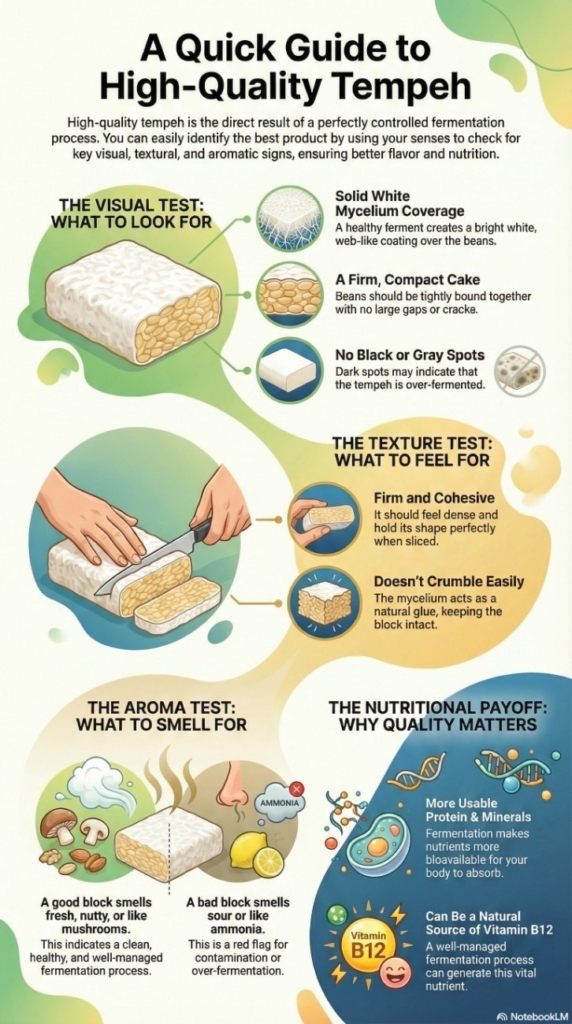 Illustrated guide explaining what makes tempeh high quality, showing visual, texture, aroma, and nutrition signs of proper fermentation.