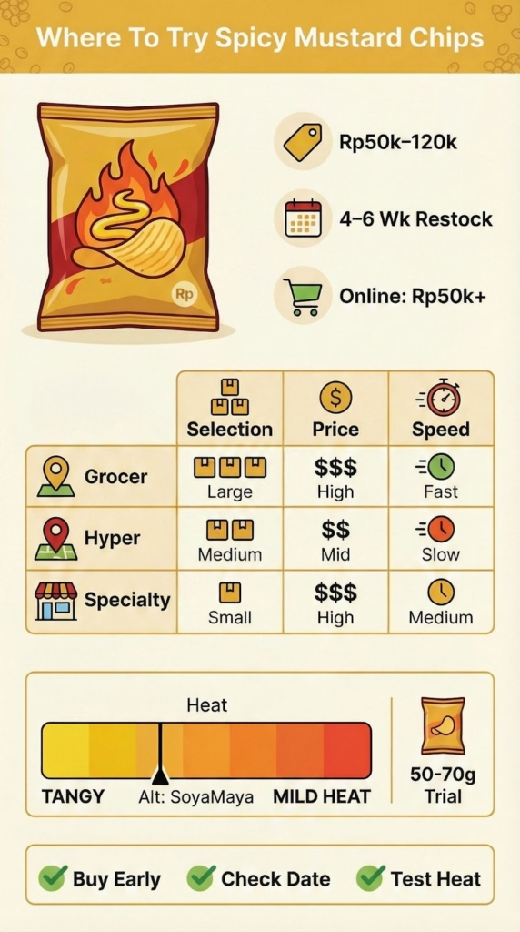 Infographic about where can i try spicy mustard chips with pricing, store locations, and heat level information