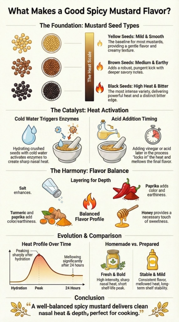 Infographic showing what makes a good spicy mustard flavor with seed types, heat activation, and balance tips
