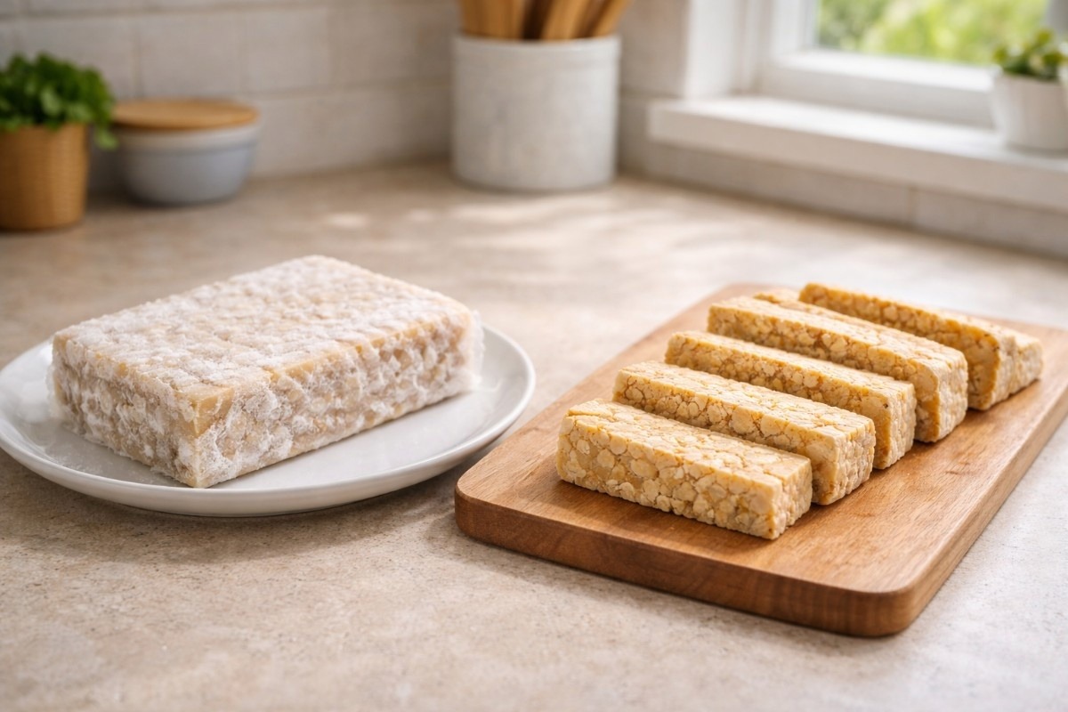 Best way to thaw frozen tempeh shown by evenly thawed tempeh slices beside a frosty block on a clean kitchen counter.