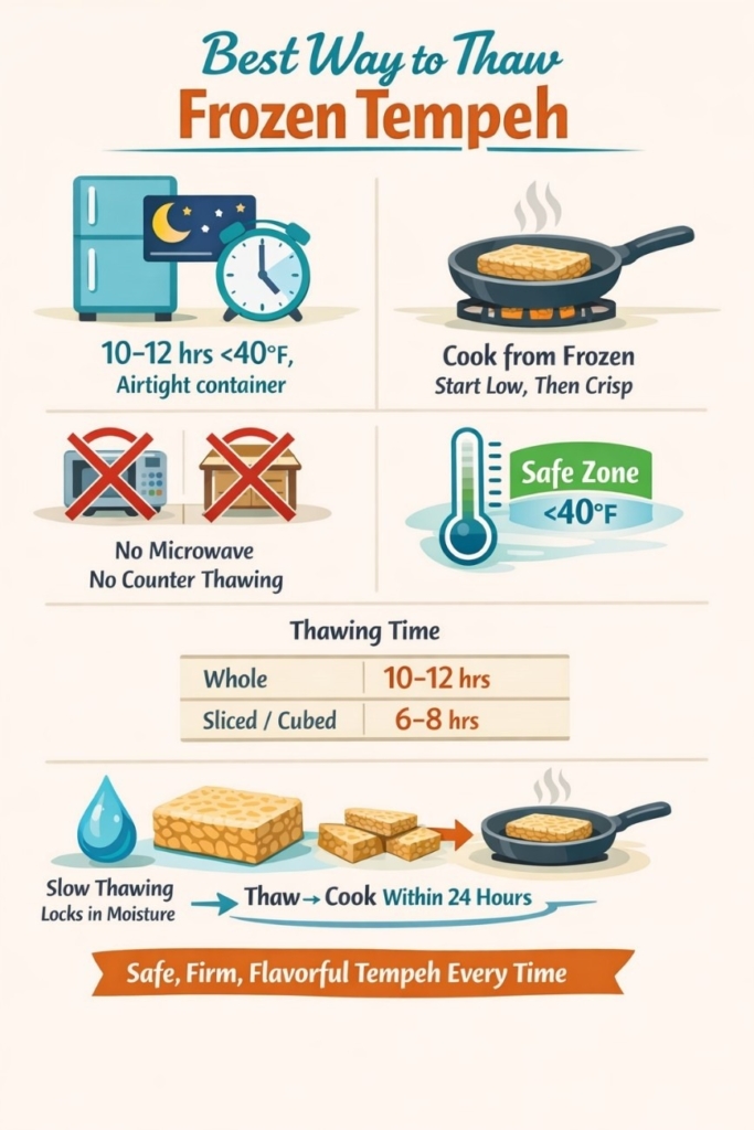 Best way to thaw frozen tempeh infographic showing fridge thawing, safe temperatures, and cooking directly from frozen.