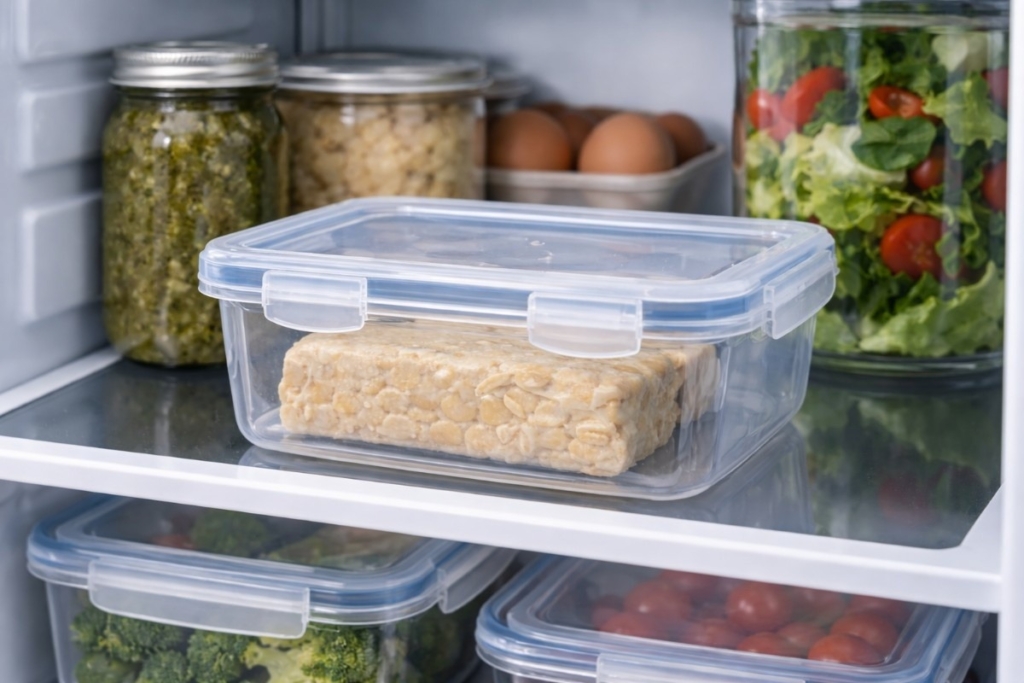 Best way to thaw frozen tempeh shown with tempeh sealed in an airtight container on a refrigerator shelf for safe thawing.