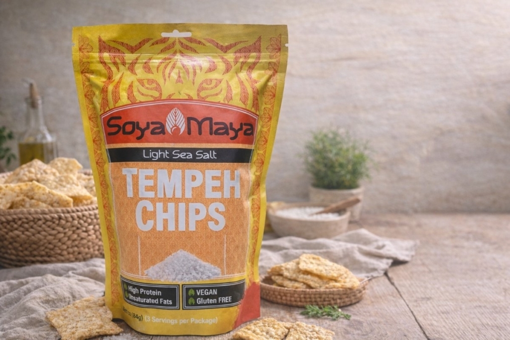 Tempeh chips package styled in a kitchen scene, highlighting what makes tempeh high quality through firm texture and clean fermentation.