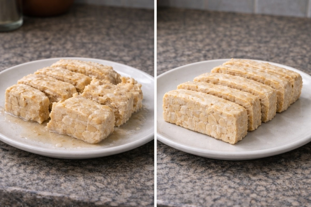 Best way to thaw frozen tempeh comparison showing wet, crumbly slices versus firm, dry slices on separate plates.