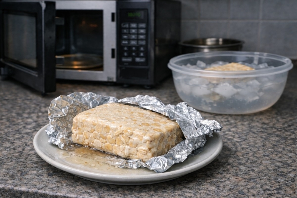 Best way to thaw frozen tempeh shown by unsafe counter thawing with condensation, foil wrap, and a microwave in the background.