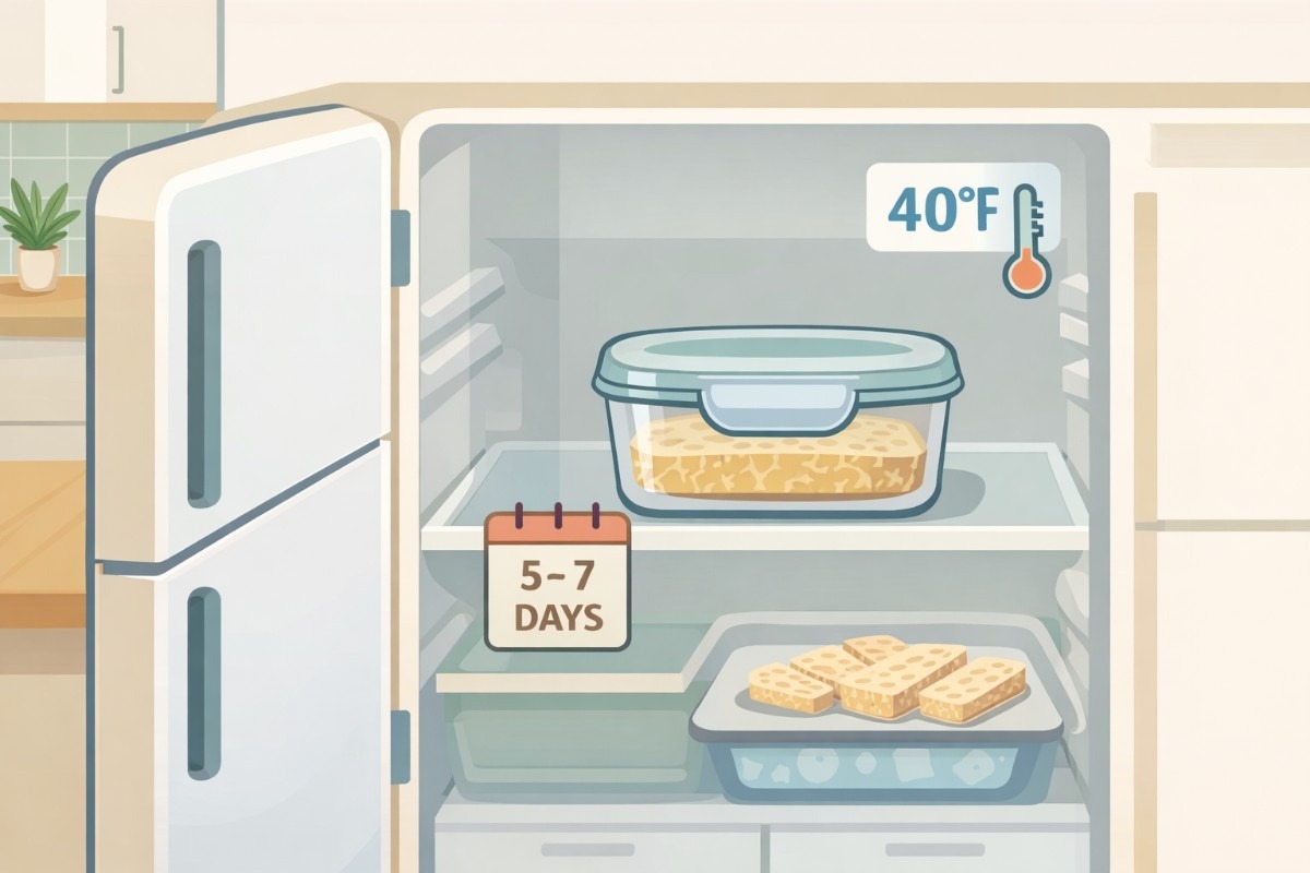 Storing opened tempeh in fridge using an airtight container on a middle shelf at 40°F to keep tempeh fresh for 5–7 days