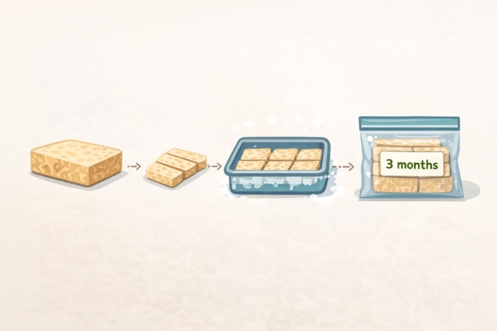 Storing opened tempeh in fridge or freezer shown step by step, from slicing tempeh to flash freezing and storing portions safely
