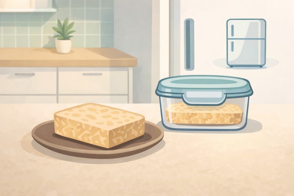 Storing opened tempeh in fridge shown with fresh tempeh on a plate and sealed in an airtight container for safe refrigeration