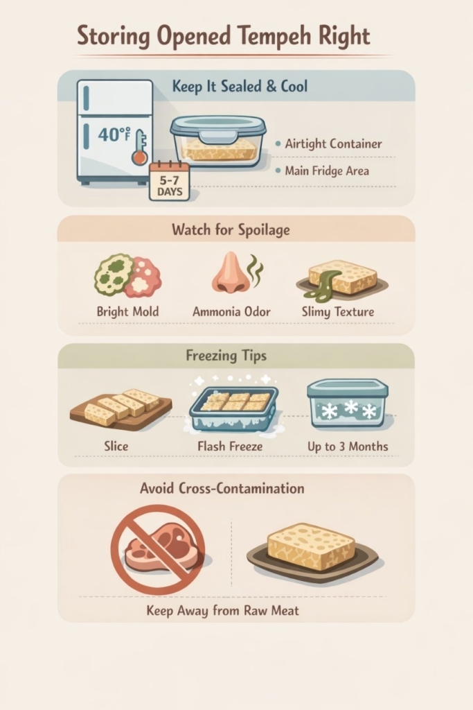 Storing opened tempeh in fridge infographic showing airtight storage, spoilage signs, freezing steps, and keeping tempeh away from raw meat
