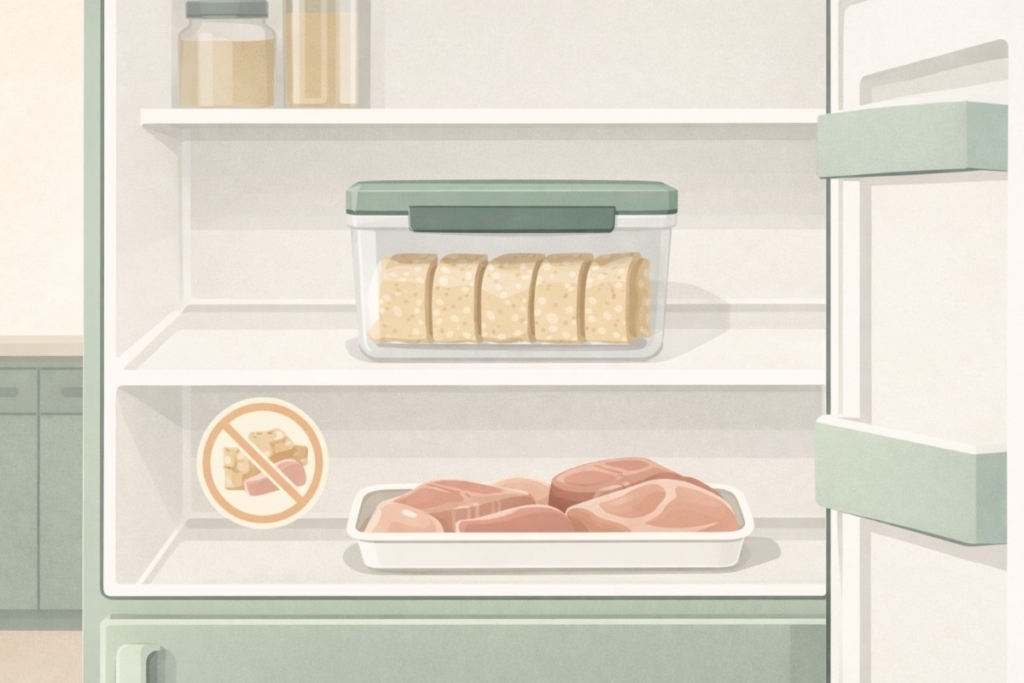 Storing opened tempeh in fridge safely with tempeh sealed in an airtight container on a shelf above raw meat