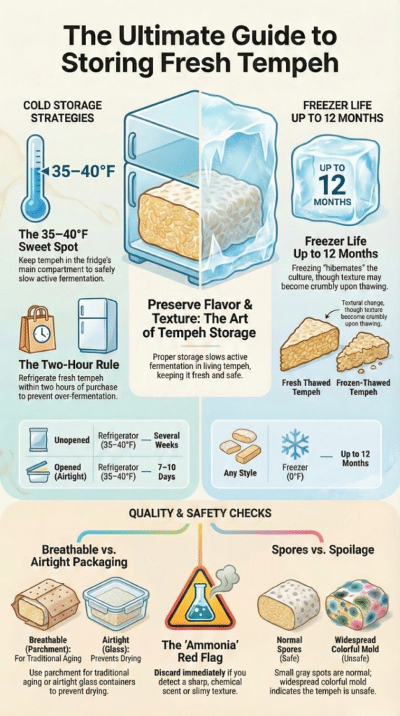 How to store fresh tempeh guide showing refrigerator and freezer storage methods, temperature ranges, and safety checks.