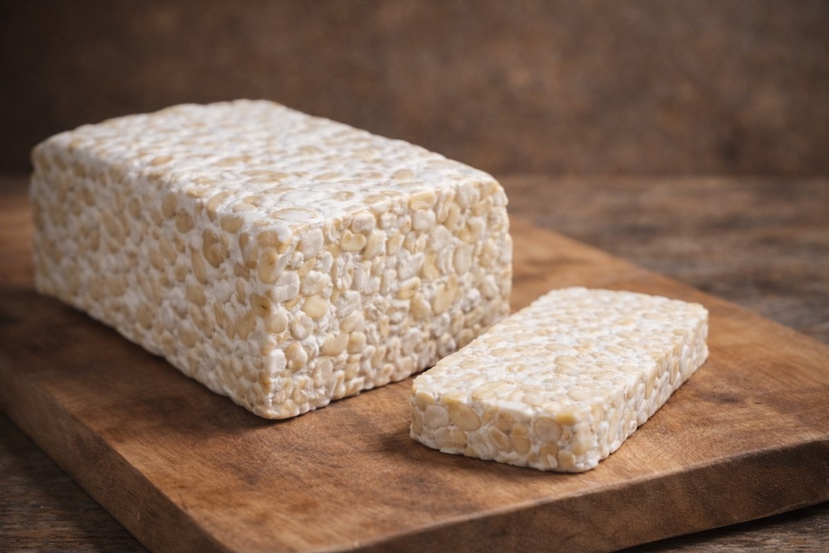 Freshly cut tempeh block on a wooden board showing the texture of fresh tempeh with dense soybeans bound by white mycelium.