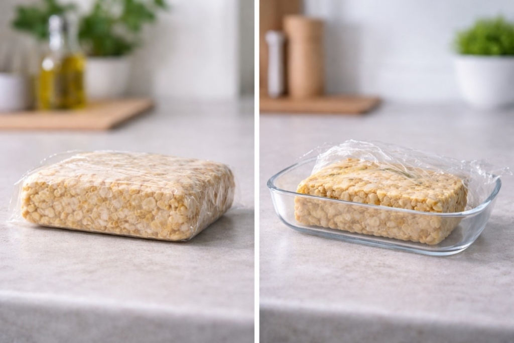 Does tempeh need to be refrigerated? Unopened tempeh beside opened tempeh wrapped in plastic and stored in a container.