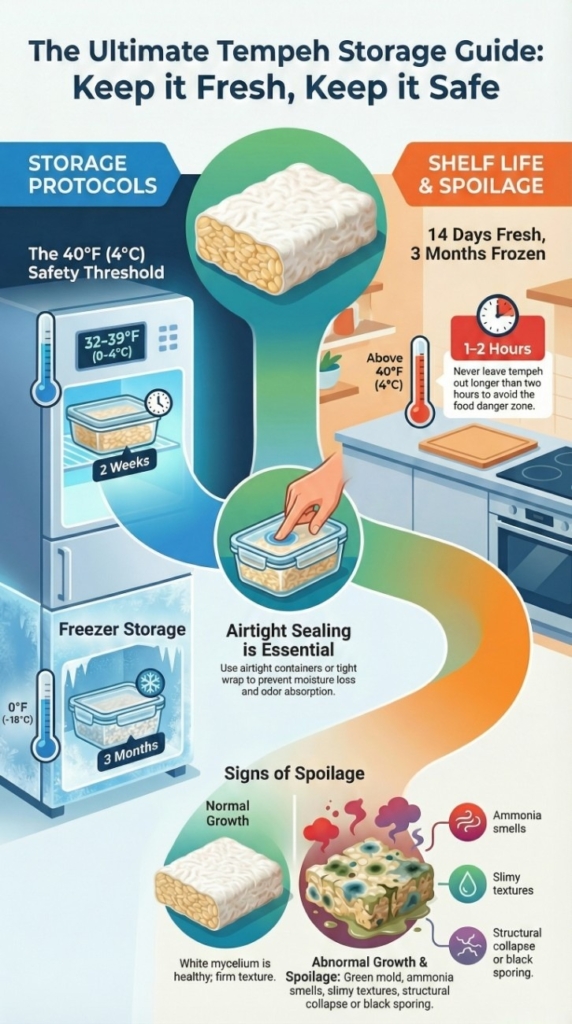 Does tempeh need to be refrigerated? Infographic showing safe tempeh storage, fridge temperatures, freezing, and spoilage signs.