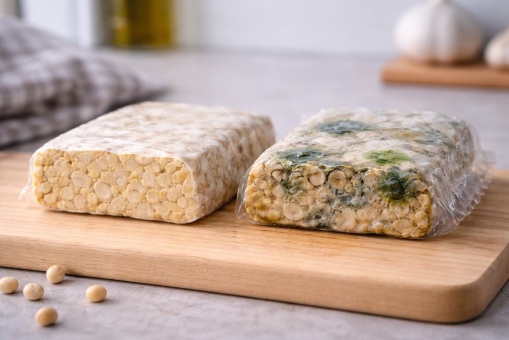 Does tempeh need to be refrigerated? Fresh tempeh next to spoiled tempeh with mold and slime showing clear spoilage signs.