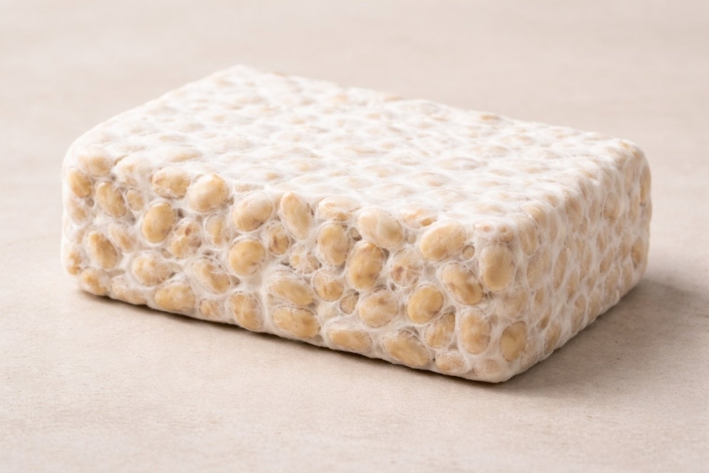 Close-up of the texture of fresh tempeh showing dense soybeans tightly bound by white mycelium on a neutral surface.
