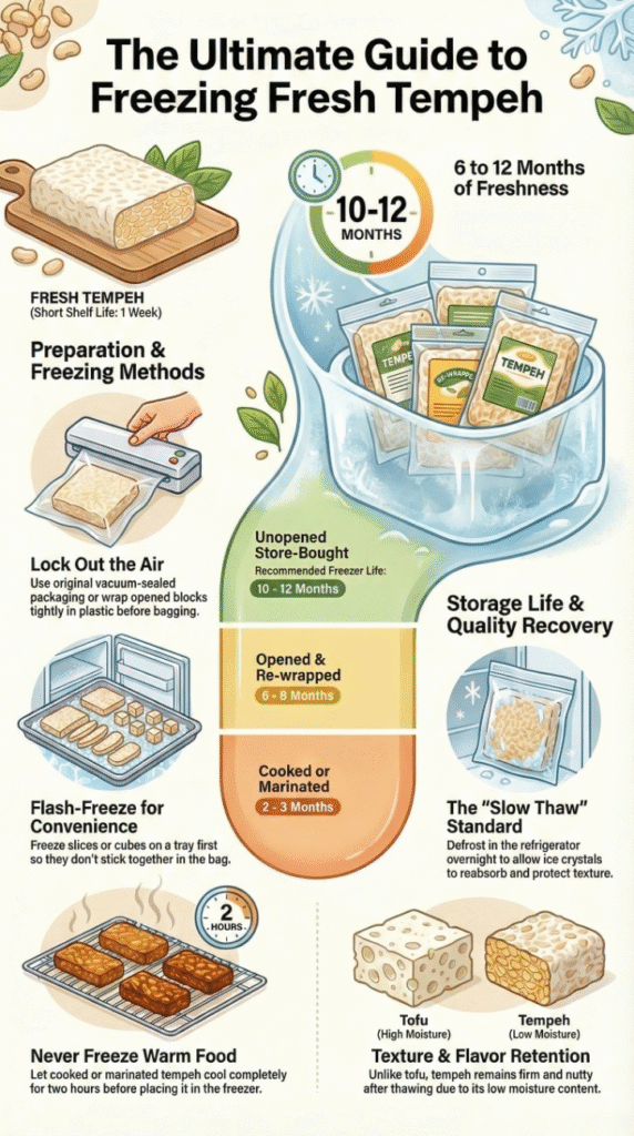 Infographic explaining can you freeze fresh tempeh, showing freezing methods, storage timelines, and texture retention after thawing.