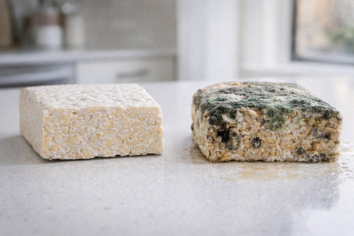 Signs that tempeh has spoiled shown by fresh tempeh beside spoiled tempeh with mold, dark spots, and moisture on surface