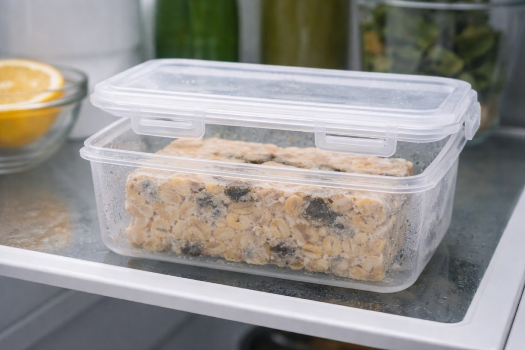 Signs that tempeh has spoiled shown by tempeh stored in a fridge container with condensation and surface moisture