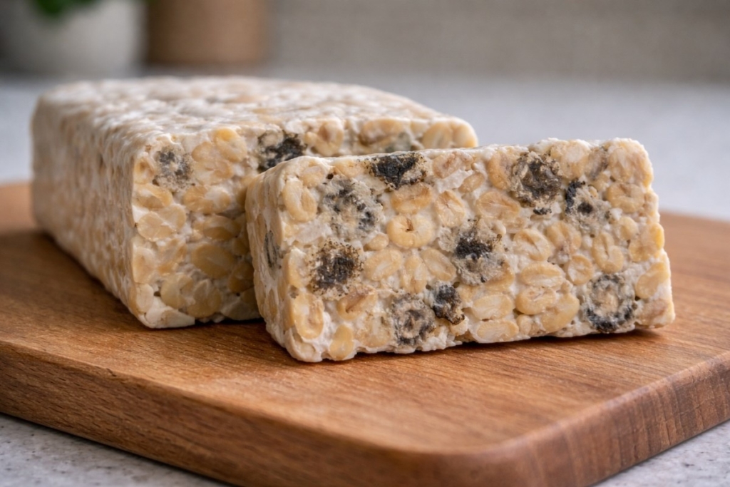 Signs that tempeh has spoiled shown by dark and black spots on sliced tempeh blocks placed on a wooden board