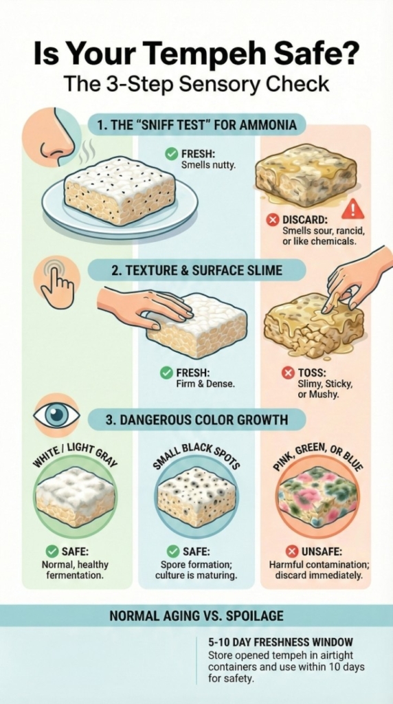 Signs that tempeh has spoiled shown through smell, texture, and color changes comparing fresh tempeh and unsafe tempeh