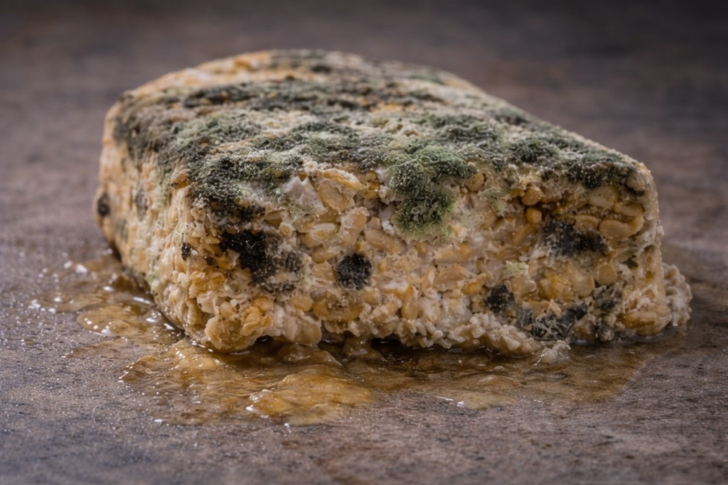 Signs that tempeh has spoiled shown by fuzzy mold, green and black patches, slimy texture, and leaking moisture