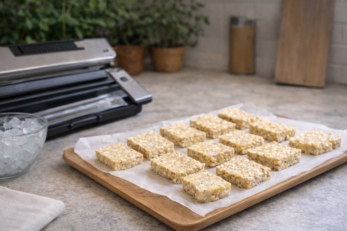how to vacuum seal tempeh with sliced tempeh blocks on parchment, flash freezing before vacuum sealing for storage