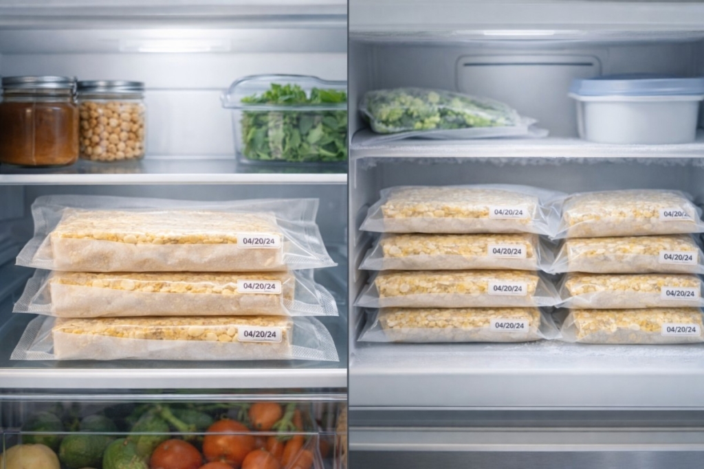 how to vacuum seal tempeh stored in labeled vacuum sealed bags, organized in fridge and freezer for long term freshness