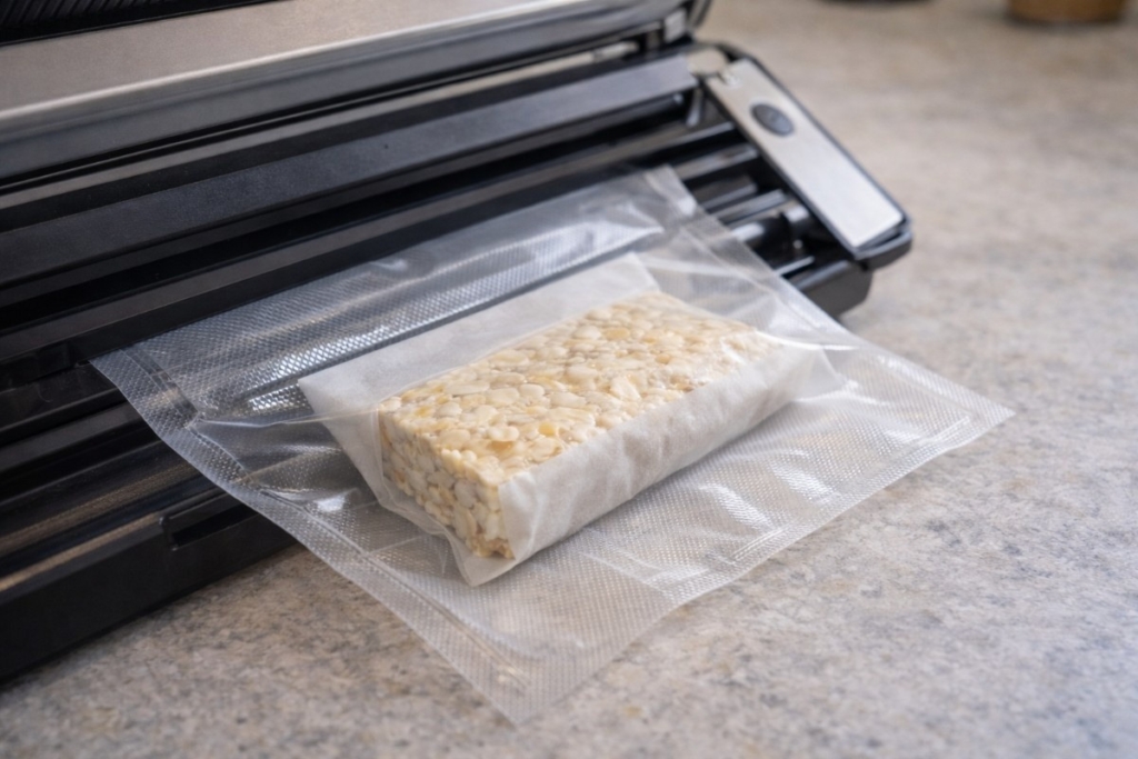 how to vacuum seal tempeh using a vacuum sealer, with a tempeh block wrapped in parchment inside a sealing bag