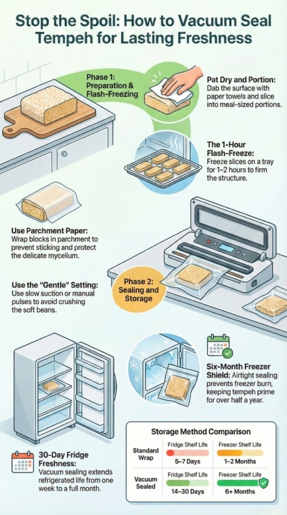 how to vacuum seal tempeh illustrated with step by step prep, flash freezing, vacuum sealing, and fridge and freezer storage