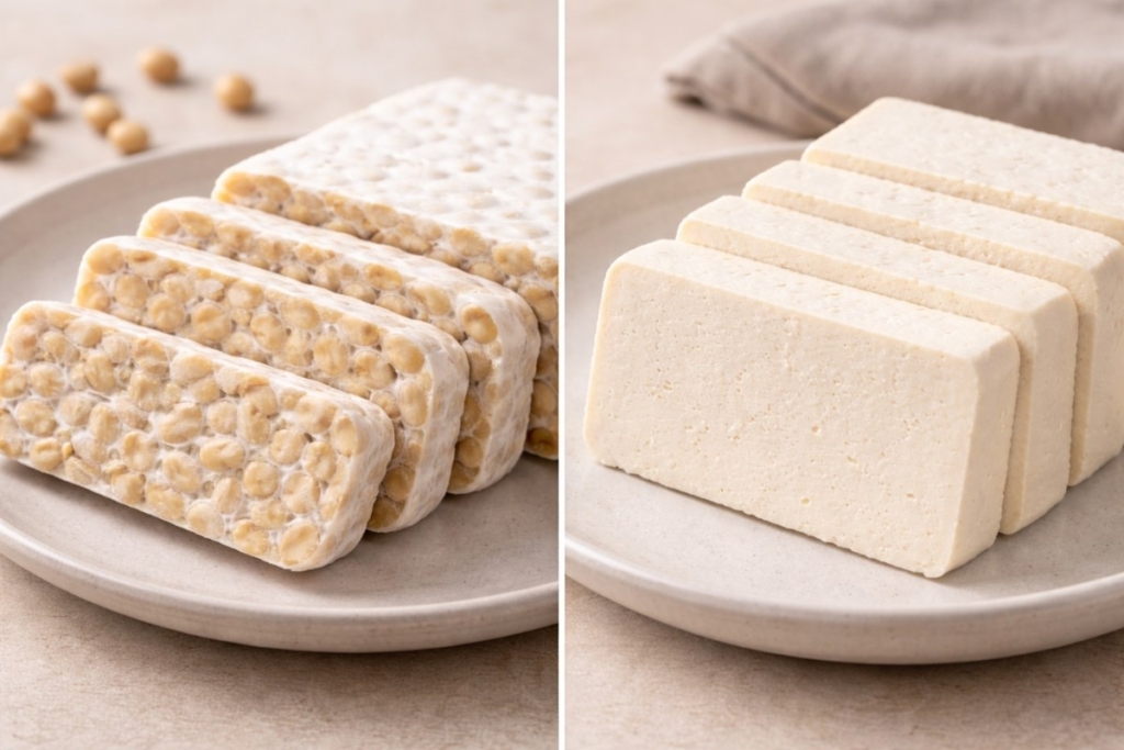 Side-by-side comparison showing the texture of fresh tempeh with whole soybeans versus smooth, soft tofu slices on plates.