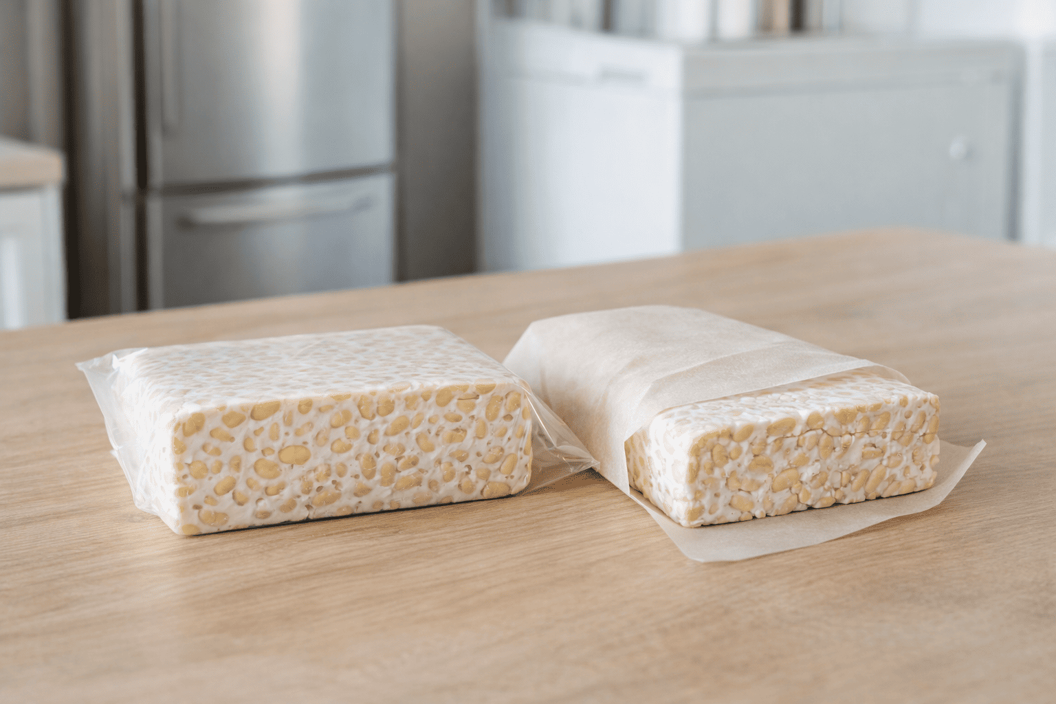 Fresh tempeh blocks on a kitchen counter, showing packaging types and helping explain how long does tempeh last when stored properly.