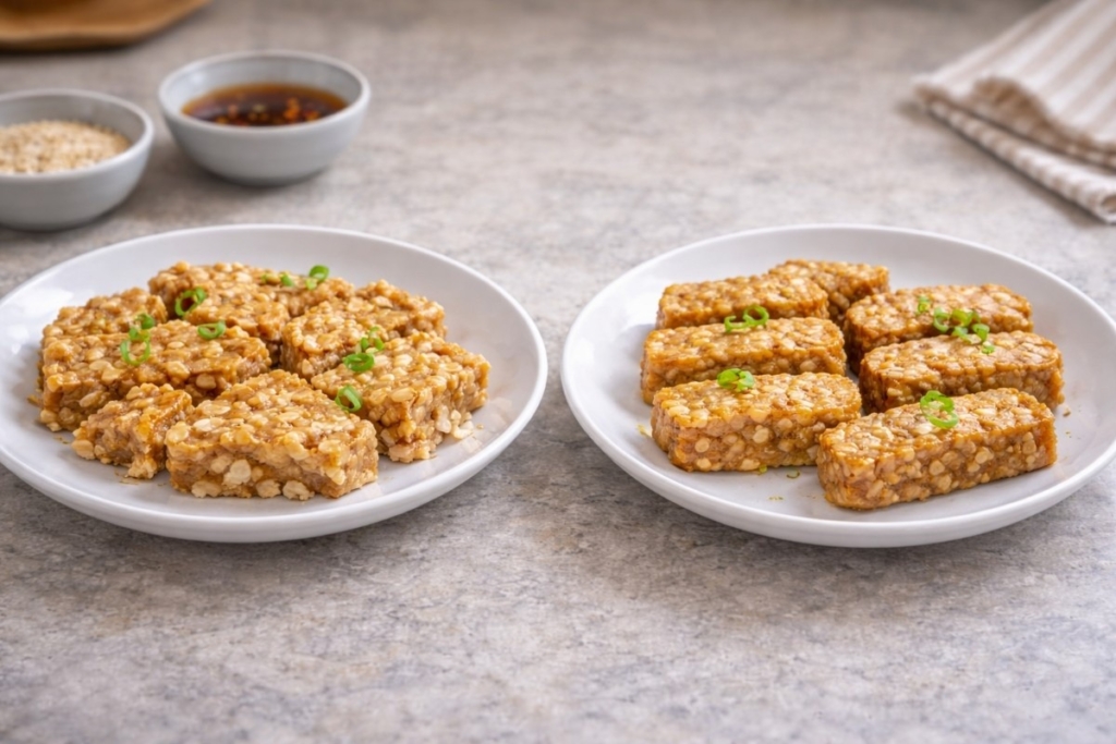 how to vacuum seal tempeh results shown with cooked tempeh slices plated after storage, maintaining texture and flavor