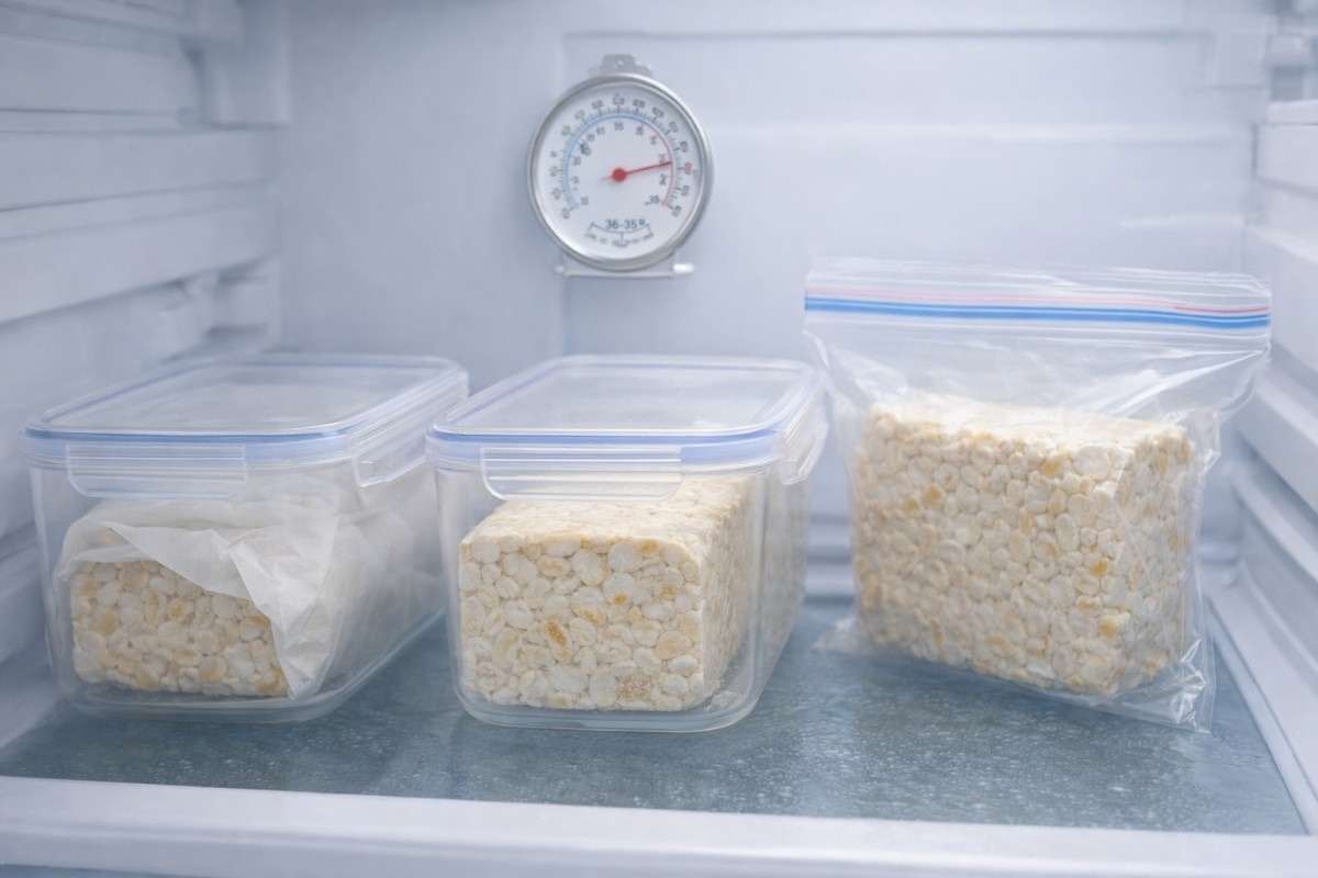 Tips for keeping tempeh fresh with airtight containers and zip bags stored in a refrigerator at safe temperature.