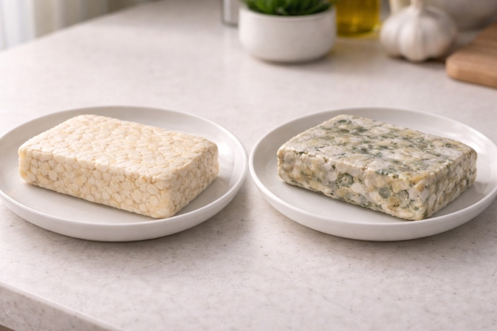 Tips for keeping tempeh fresh by comparing firm white tempeh with spoiled tempeh showing mold and discoloration on plates.
