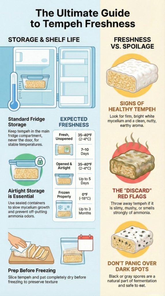 Tips for keeping tempeh fresh with visual guidance on storage, refrigeration, freezing, and signs of fresh versus spoiled tempeh.