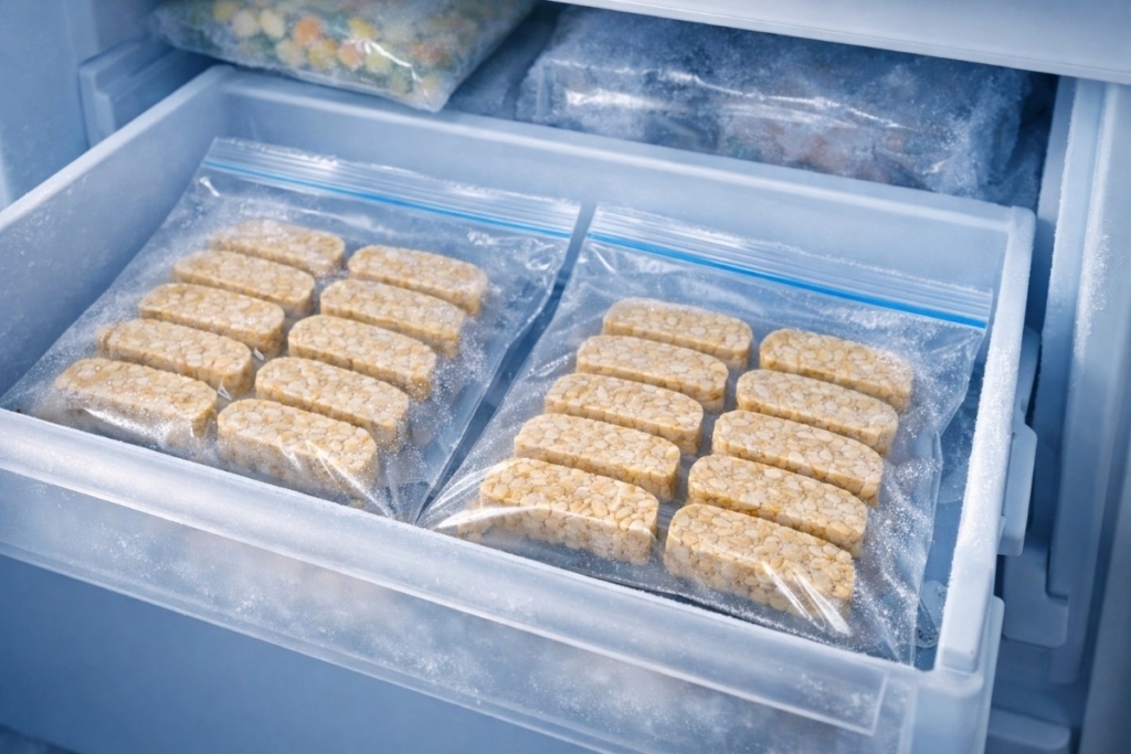 Tips for keeping tempeh fresh by freezing evenly sliced tempeh in sealed freezer bags for long-term storage.