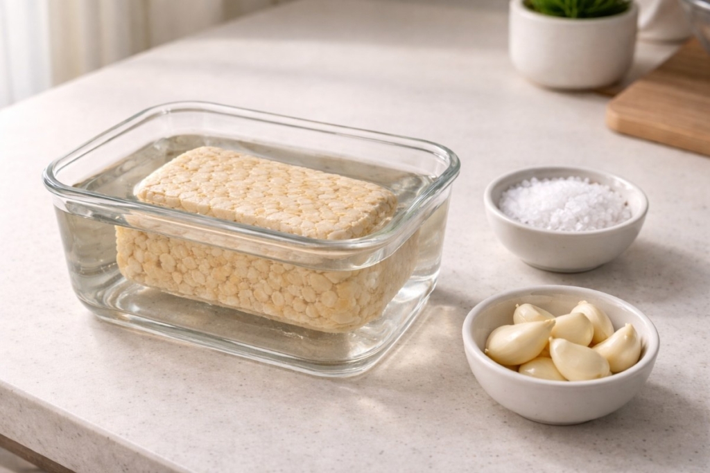 Tips for keeping tempeh fresh using water storage with salt and garlic as a traditional preservation method on a clean kitchen counter.