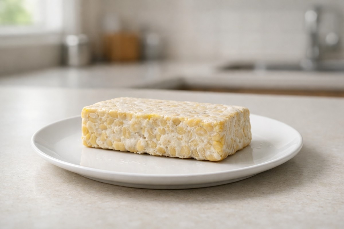 Tempeh block on a white plate in a kitchen, illustrating what happens if tempeh is left out at room temperature.