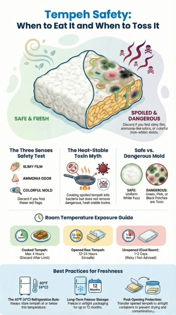 Tempeh safety infographic showing fresh versus spoiled tempeh, explaining what happens if tempeh is left out too long.