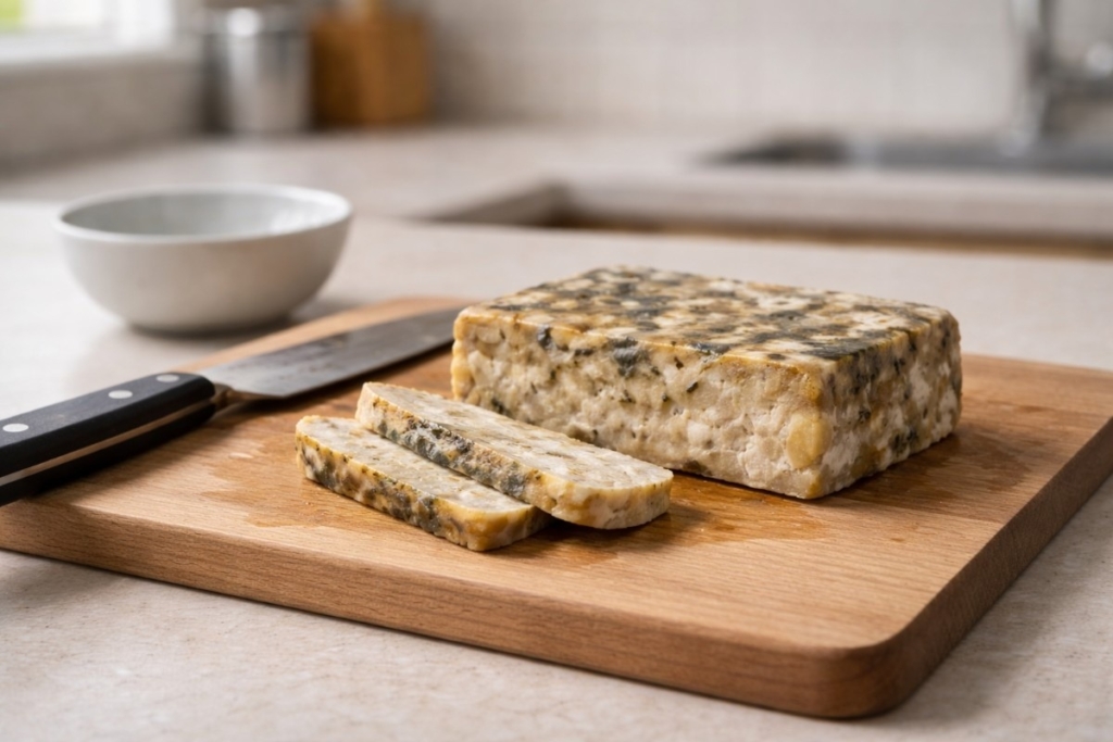 Partially sliced spoiled tempeh on a cutting board, demonstrating what happens if tempeh is left out too long at room temperature.