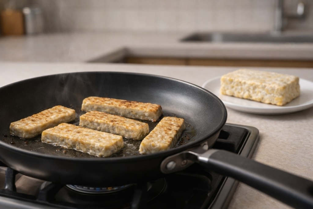 Tempeh slices cooking in a pan with raw tempeh nearby, illustrating what happens if tempeh is left out before cooking.