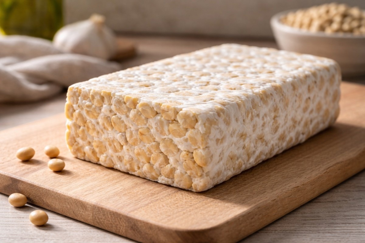 Fresh tempeh block showing what makes tempeh high quality, with bright white mycelium, whole soybeans, and a firm cohesive texture.